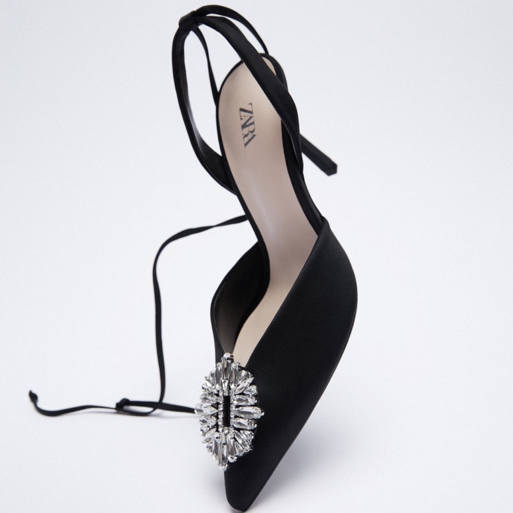 Zara Black Satin Pointed Slingback Heels with Crystal Brooch - Picture 6 of 16